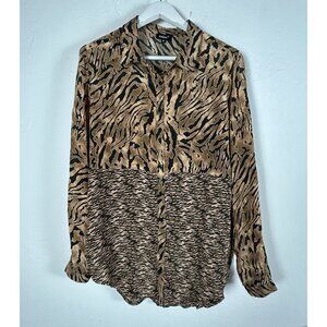 Tolani Women 100% Silk Animal Print Button-Up Shirt Brown Long Sleeve Top Medium